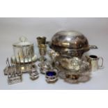 Box containing a quantity of various silver plated items including rollover bacon dish, biscuit
