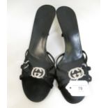 Gucci, black satin mules with crystal set logo to front, size 40C