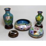 Four items of various Chinese cloisonne including vases, box and cover with three hardwood stands