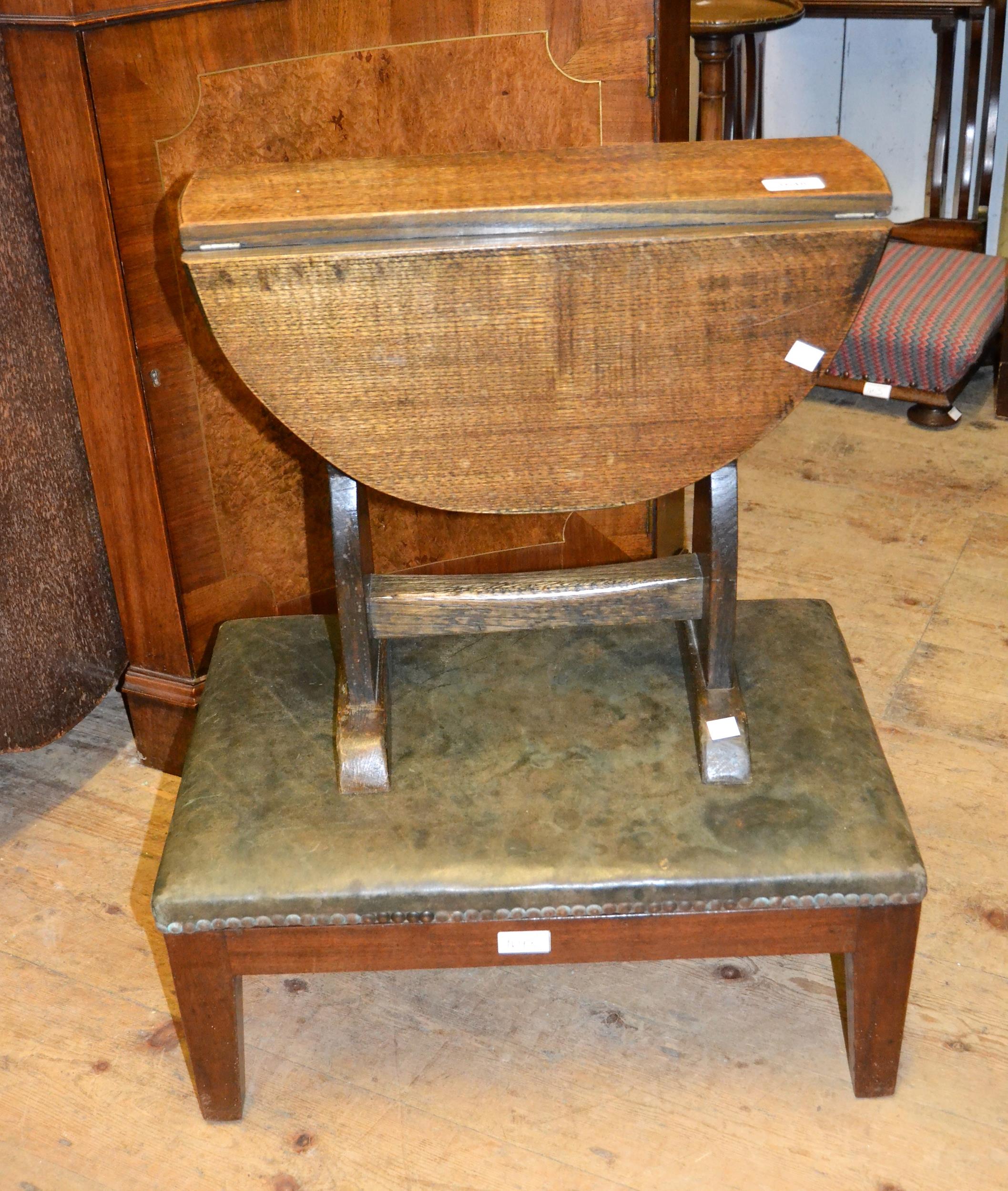 Reproduction oak drop-leaf occasional table, together with a mahogany leather upholstered gout stool