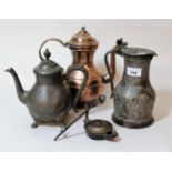 Antique pewter tappet hen, with repousse decoration and coat of arms and figures, a pewter teapot,