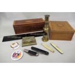 Late 19th / early 20th Century brass field microscope, brass double stamp box, four pen knives, an