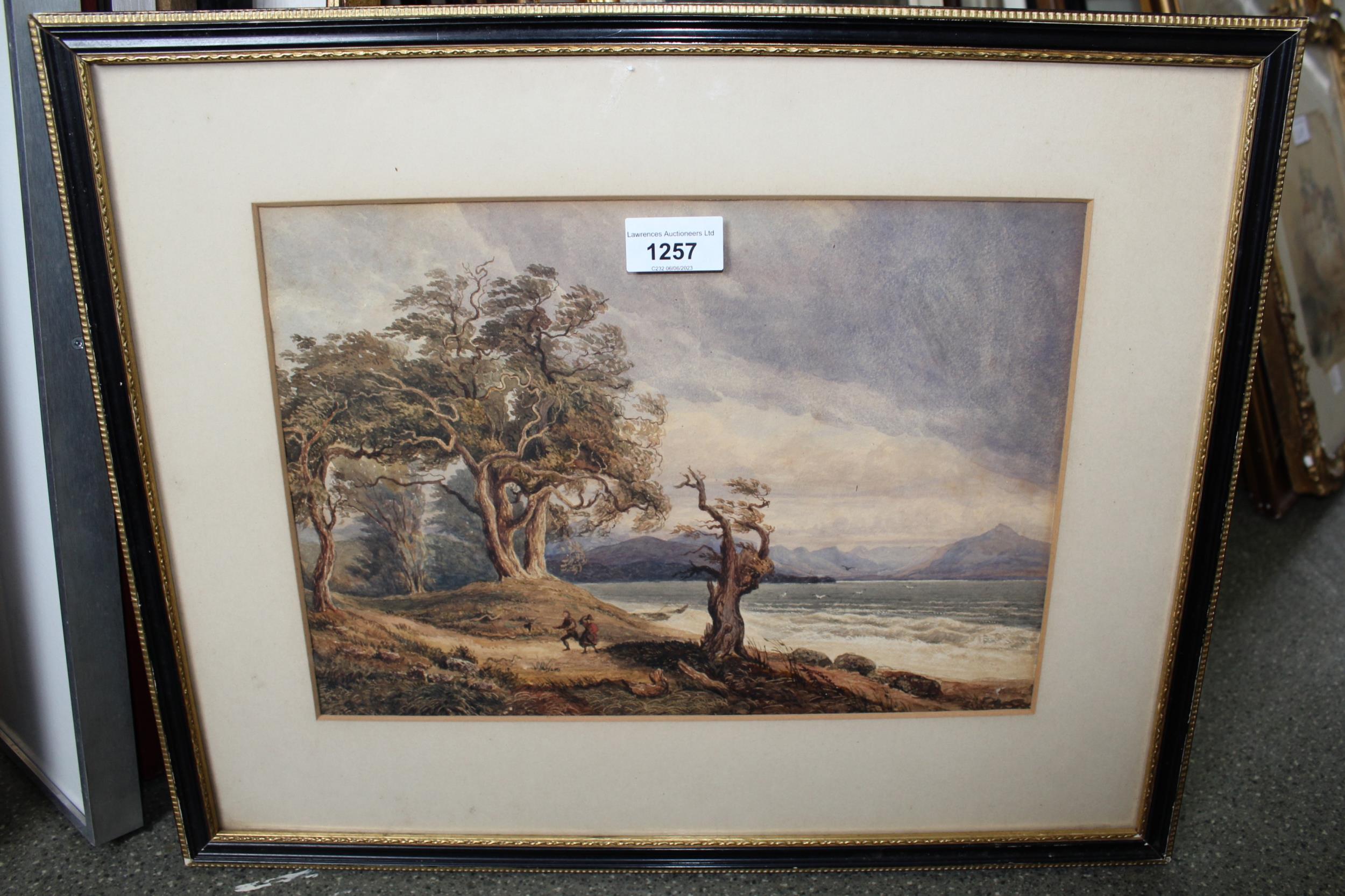 Late 18th / early 19th Century watercolour, landscape with figures by a loch on a windy day,