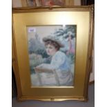 George Brown, signed watercolour, portrait of a young lady seated in a garden, 34cms x 24cms Is a