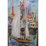 A. Jaskiel, watercolour, harbour scene with a sailing boat, 68cms x 24cms, signed together with