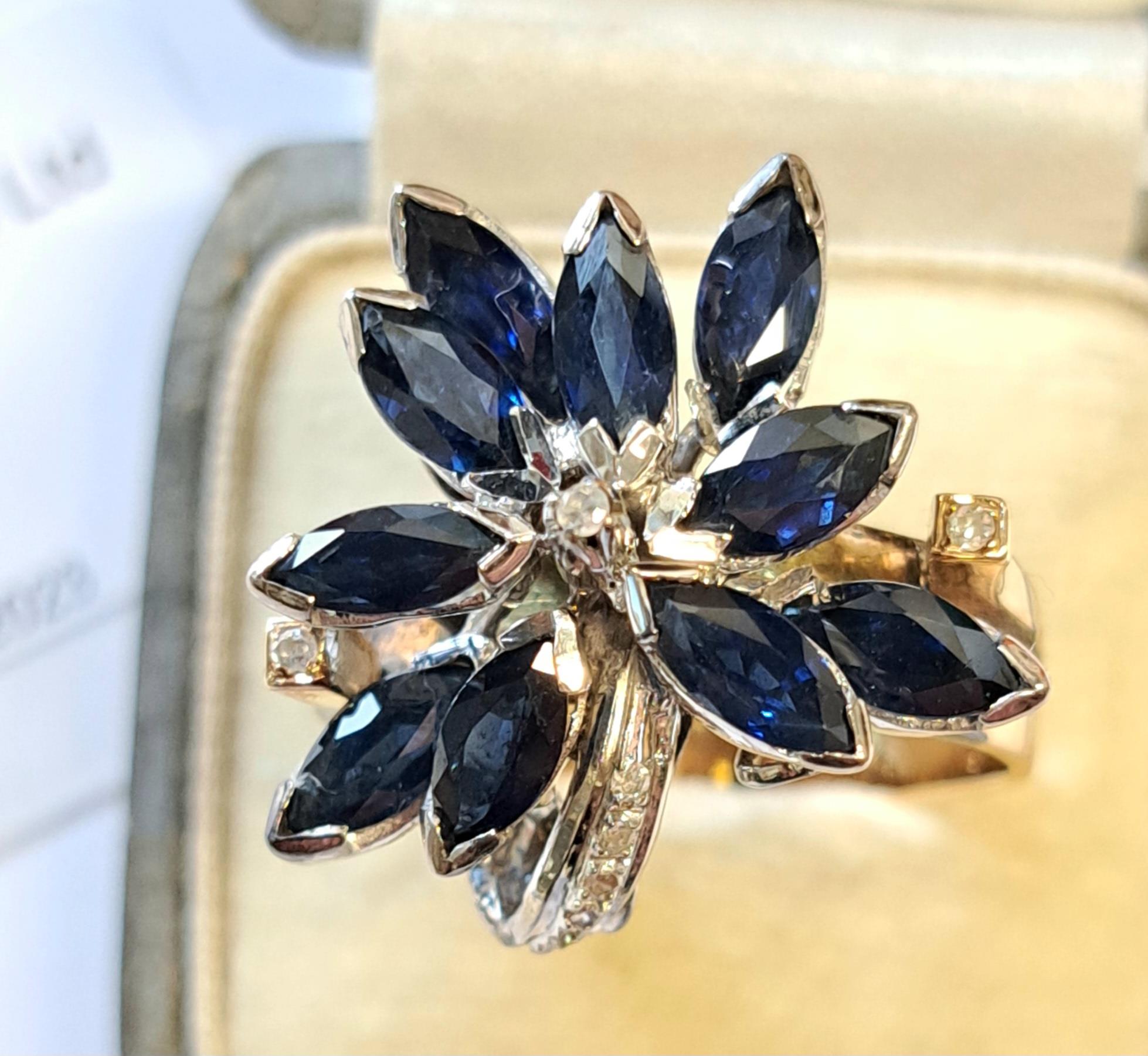 Mid to late 20th Century 14ct gold sapphire and diamond ring of contemporary floral design, 7.5g - Image 2 of 6