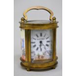 French oval gilt brass and porcelain miniature carriage clock, the dial inscribed Elliott & Sons,