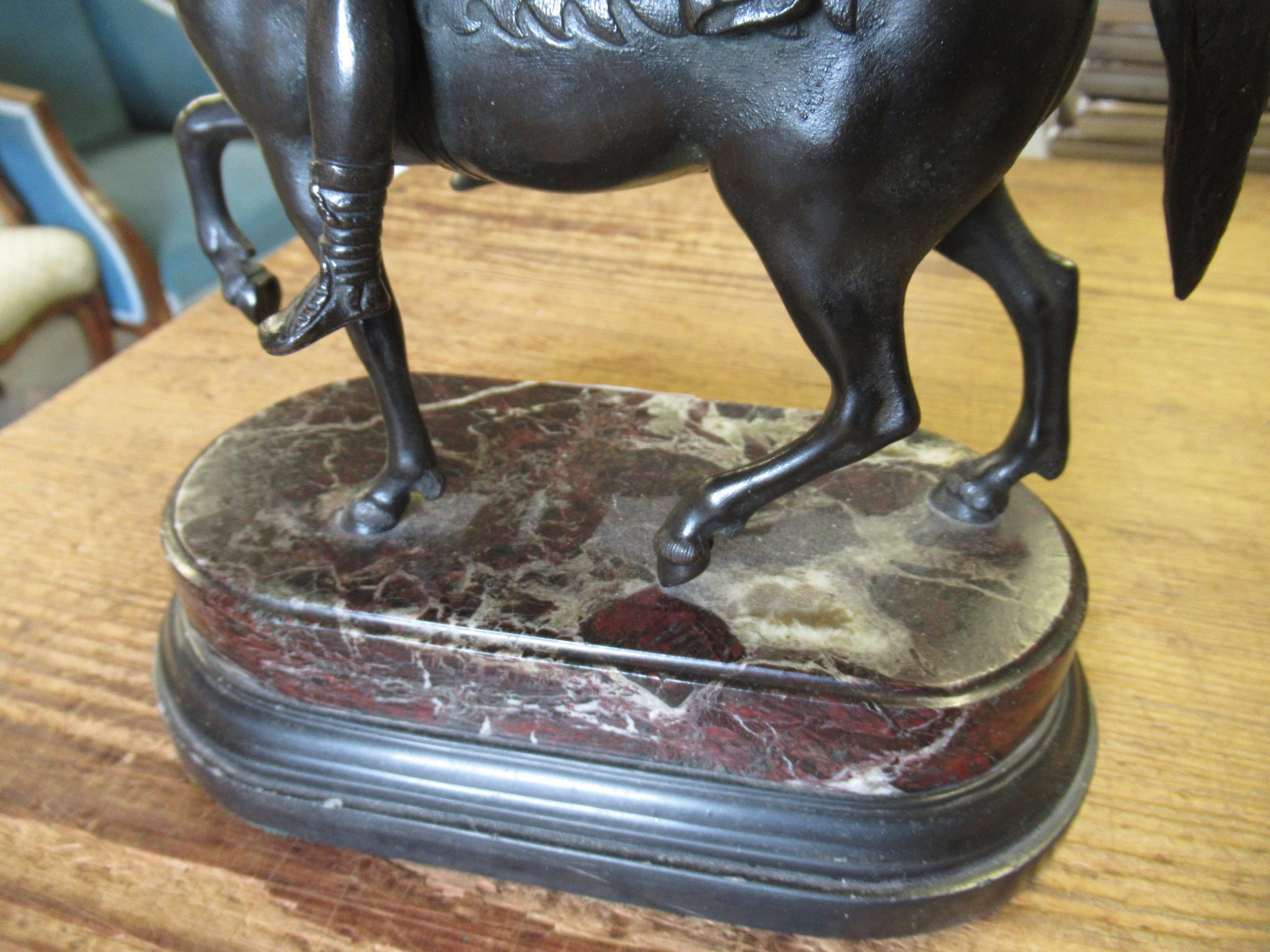 Reproduction dark patinated bronze figure of classical warrior on horseback, 27cms high - Image 6 of 7
