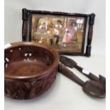 Dutch glass inset tray decorated with figures and geese, a carved and pierced bowl and two African