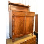 Victorian figured mahogany chiffonier, the shelf back above a single drawer and two figured panel