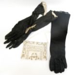 Two pairs of long suede gloves, together with a beaded purse (at fault)