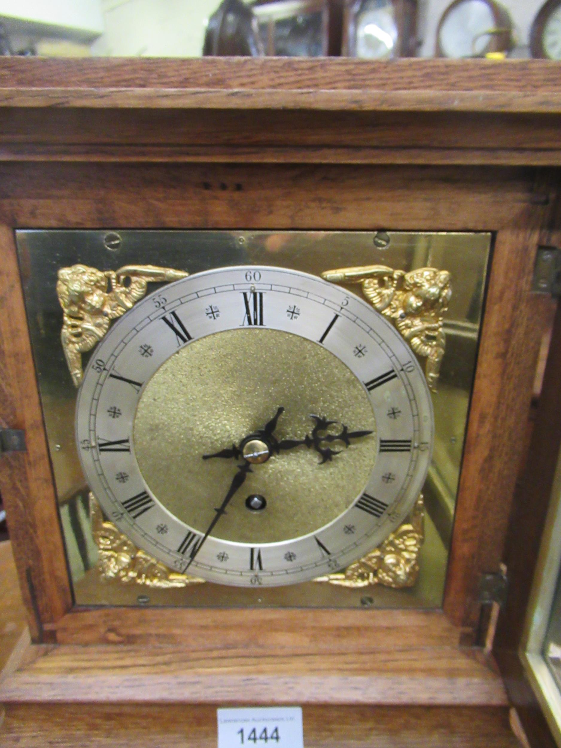 Late 19th / early 20th Century oak cased mantel timepiece, the gilt dial with a silvered chapter - Image 5 of 9