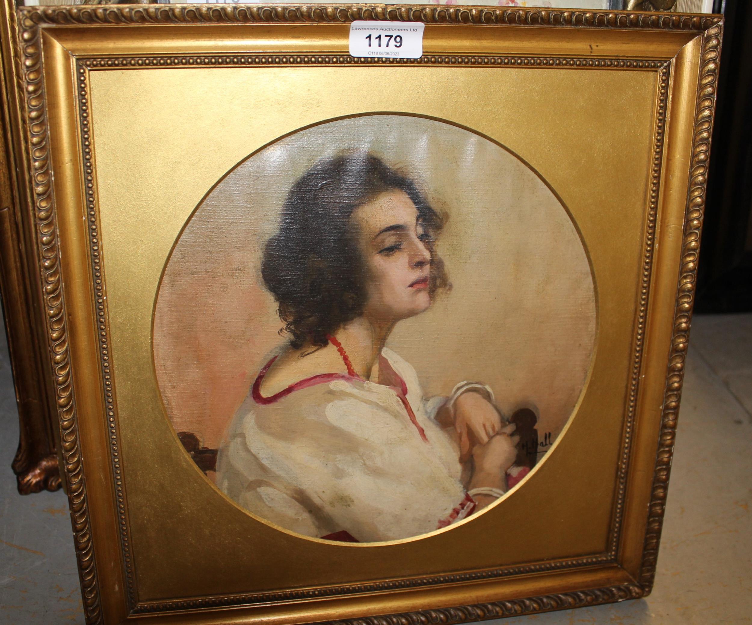 H. Hall, signed 19th / 20th Century oil on canvas loosely laid on board, portrait of a young lady,