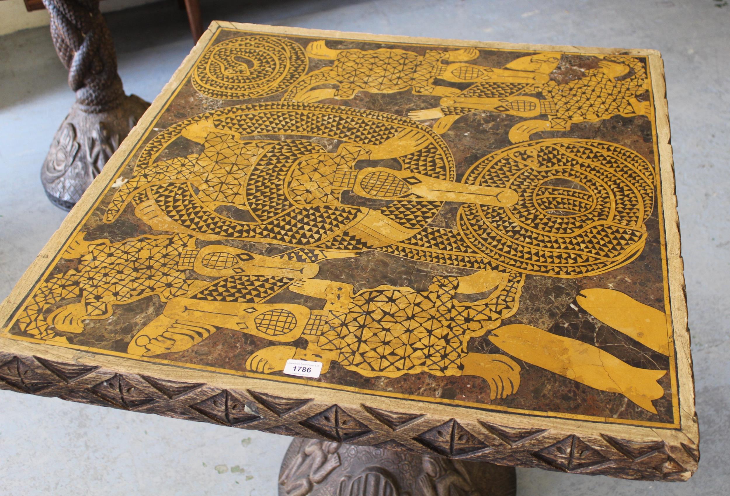 Unusual African carved wooden and marble inset dining table, 77cm square - Image 2 of 2