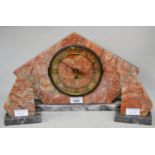 Art Deco marble three piece clock garniture, in pink and grey marble with Arabic numerals
