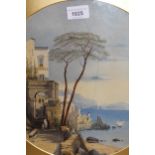 Italian school watercolour, coastal scene, circular 31cm diameter, gilt framed