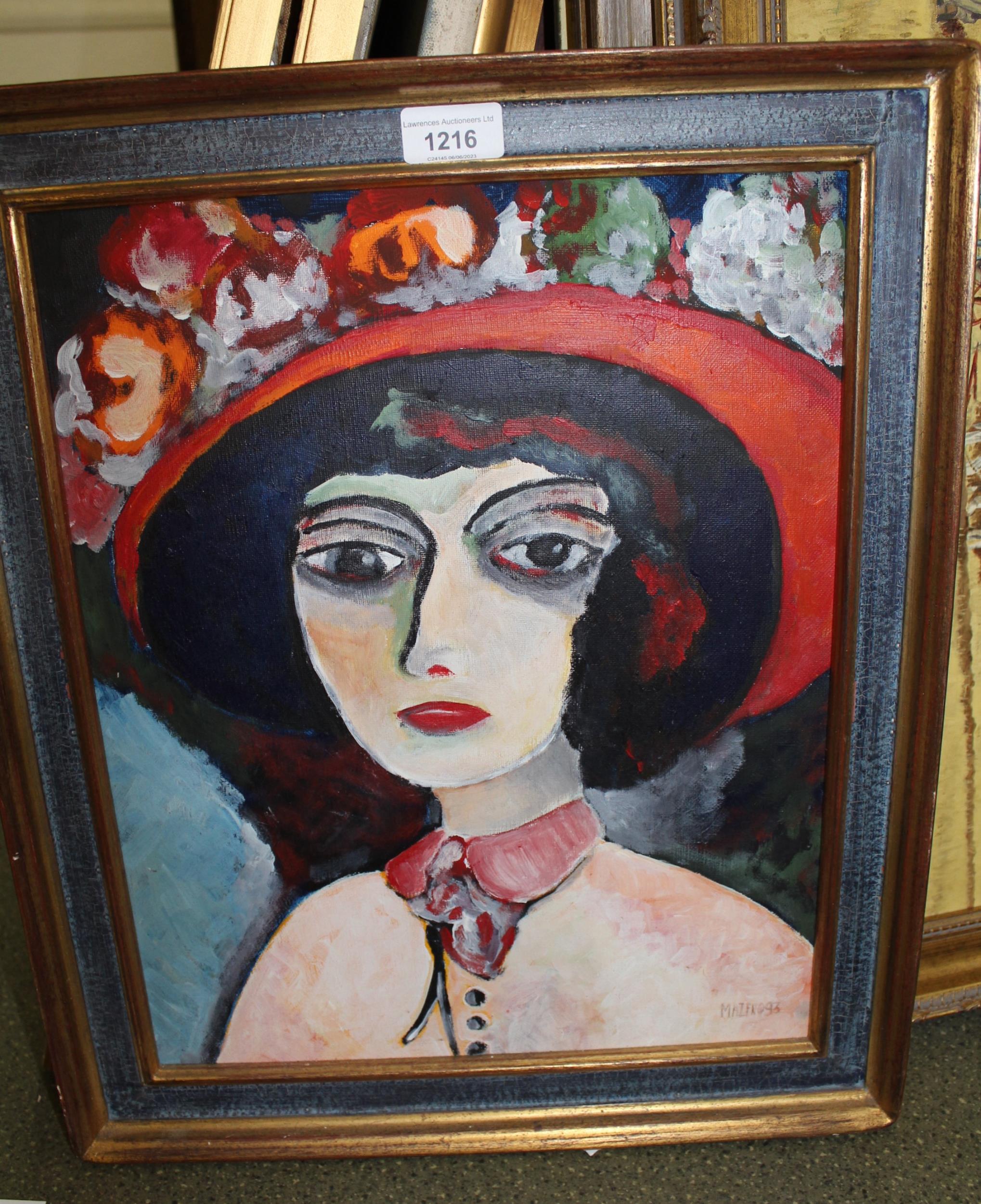 Late 20th Century, oil on canvas, head and shoulder portrait of a lady in a red hat, signed