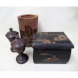 Chinese bamboo cylindrical vase, a rectangular tea caddy and a pair of turned wooden covered cups