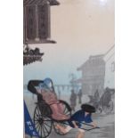 Group of five framed Japanese coloured woodblock prints with various views of landscapes with
