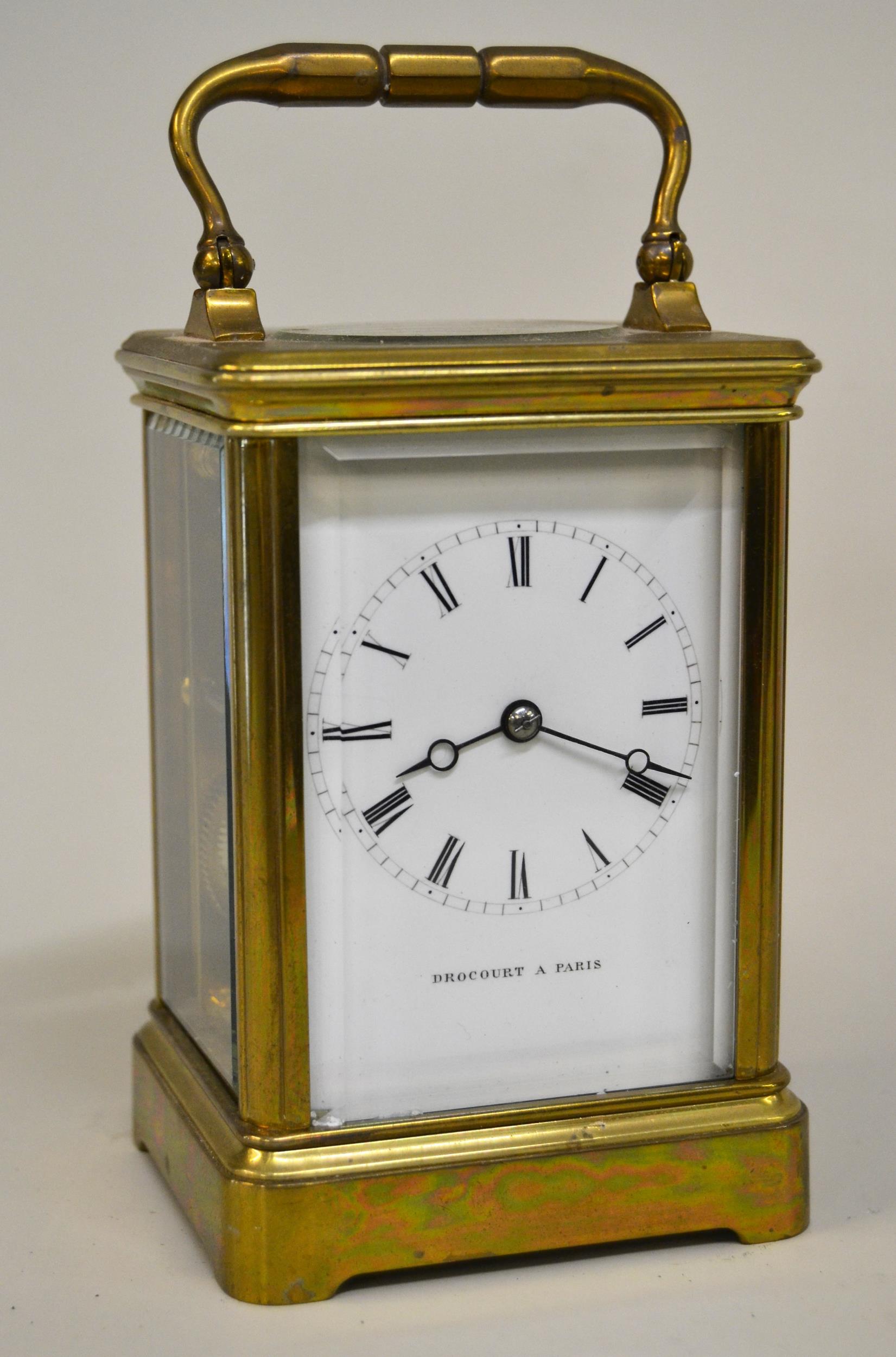 Small late 19th / early 20th Century brass cased carriage clock by Drocourt, Paris, the enamel