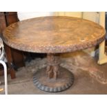Unusual large African tribal hardwood circular centre table with marble inset top, 124cm diameter