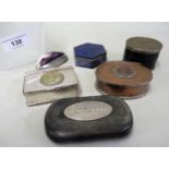Horn snuff box with white metal presentation plaque dated 1914, a copper coin inset snuff box,