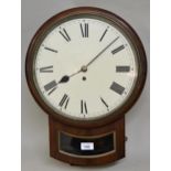 Mahogany circular drop dial wall clock, the painted dial with Roman numerals and single train