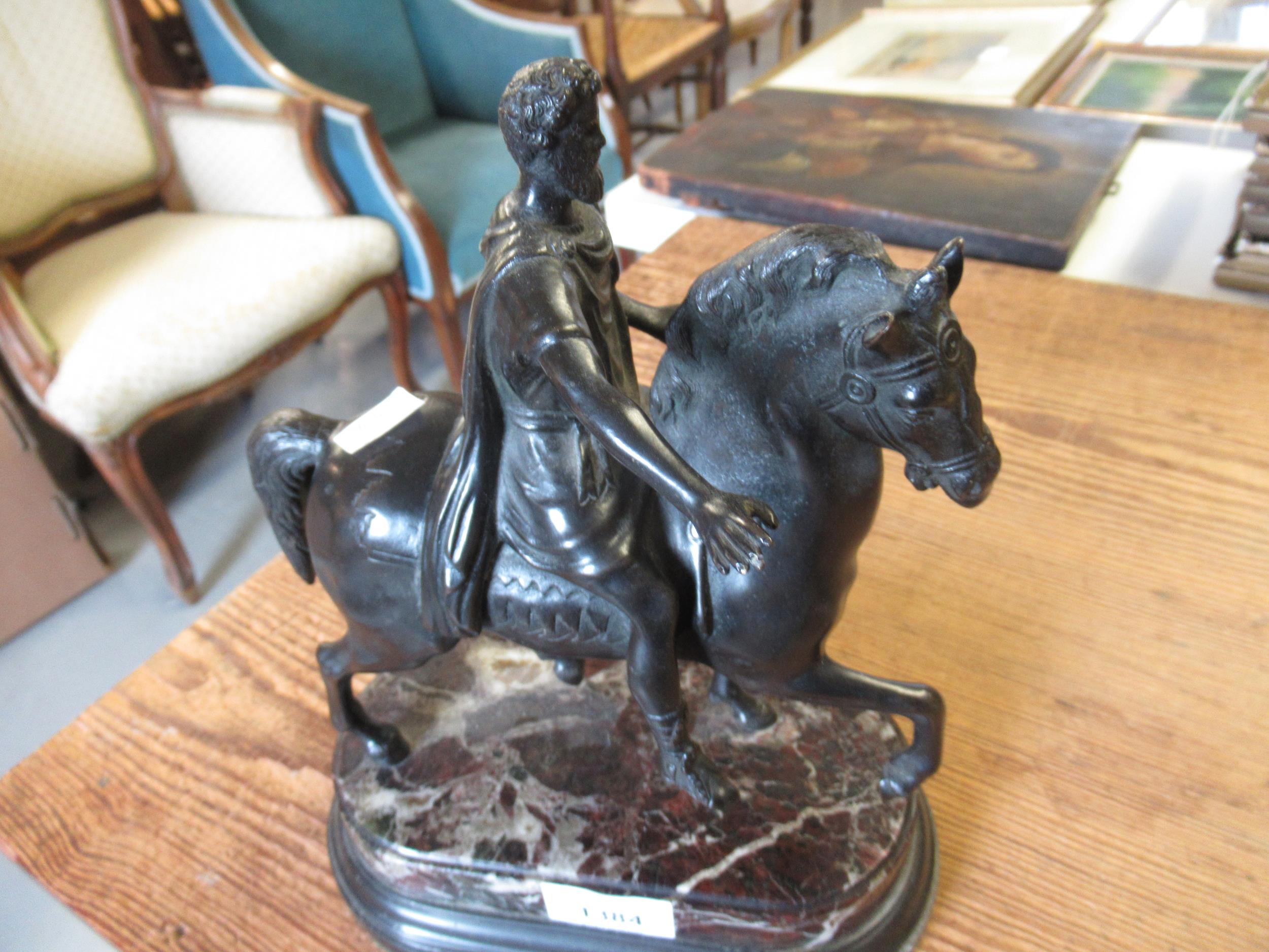 Reproduction dark patinated bronze figure of classical warrior on horseback, 27cms high - Image 2 of 7