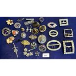 Group of five paste set buckles and various other costume brooches including agate etc.