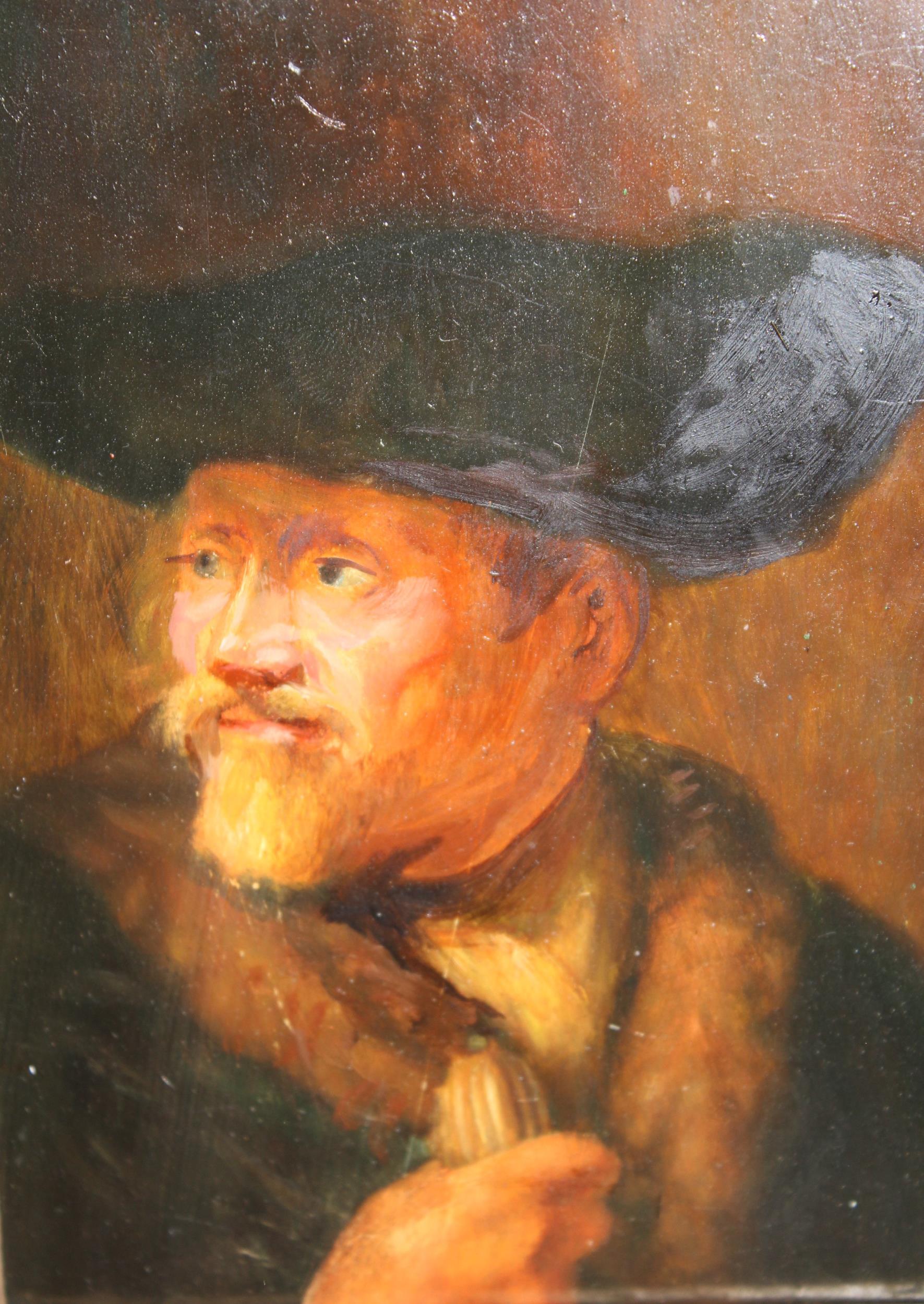 Ornate gilt framed oil on board, portrait of a Dutch gentleman ( copy after Rembrandt ), 17cm x 12cm