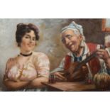 Small oil on panel possibly on print base, tavern scene with lady and gentleman seated at a table,