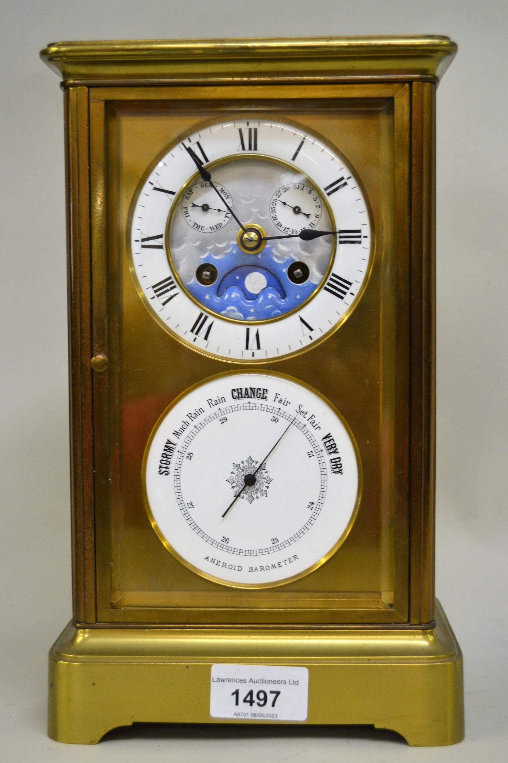 Late 19th / early 20th Century four glass library clock/ barometer, the principal dial with enamel