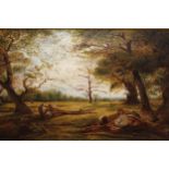 19th Century oil on canvas, figures seated in woodland, 24cms x 45cms, gilt framed 24cms x 45cms -