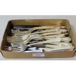 Set of six Sheffield silver table forks, 13oz t, together with matching silver handled knives
