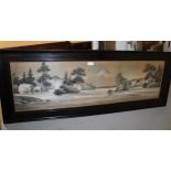 Japanese watercolour on silk, lake scene with various buildings, a boat and Mount Fuji in the