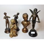 Small reproduction bronze figure of a cherub, 29cms high, together with a small patinated metal bust