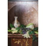 20th Century oil on canvas, still life of vase and various cut flowers, monogrammed E.B., framed,