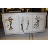 Group of three fashion design drawings, signed H. Heller and studio stamped Sarah H., 38cms x