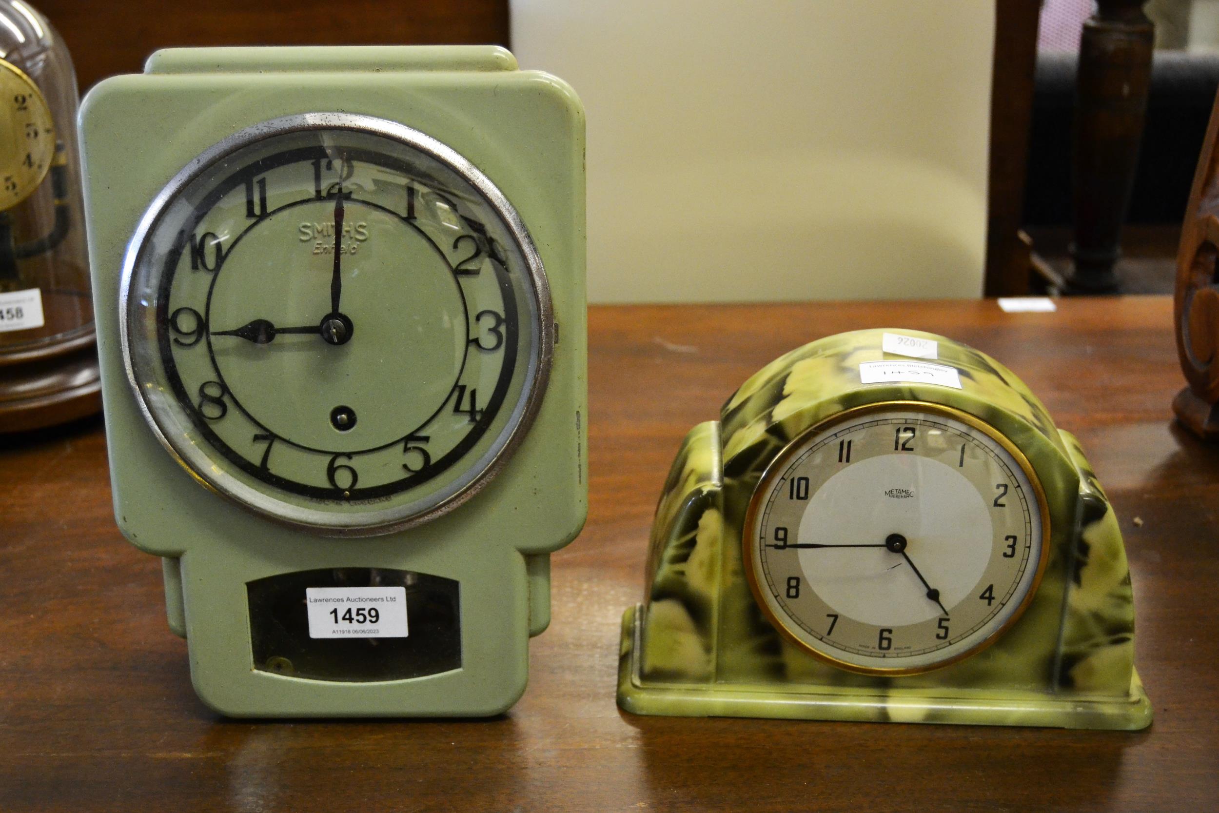 Art Deco Bakelite cased wall clock, similar Metamec mantel clock and a modern brass cased bulkhead