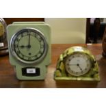 Art Deco Bakelite cased wall clock, similar Metamec mantel clock and a modern brass cased bulkhead