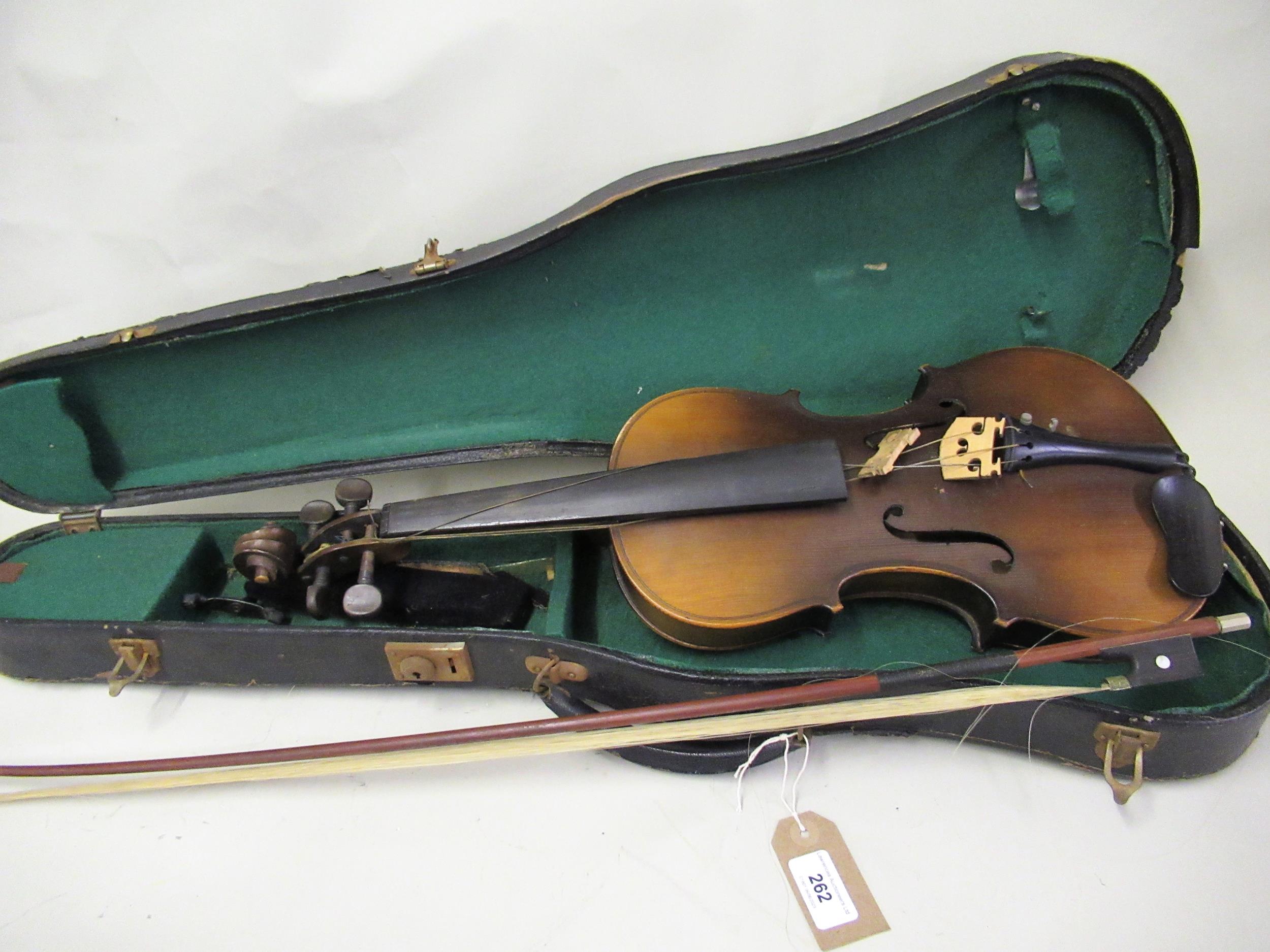 Japanese violin and bow, 14in two piece back in fitted case (at fault)