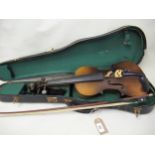 Japanese violin and bow, 14in two piece back in fitted case (at fault)