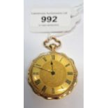 Continental 18ct gold cased open face fob watch, the gilded dial with Roman numerals, gross weight