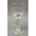 19th Century hunt related pedestal drinking glass, etched ' Through the broom to the brush ', with a