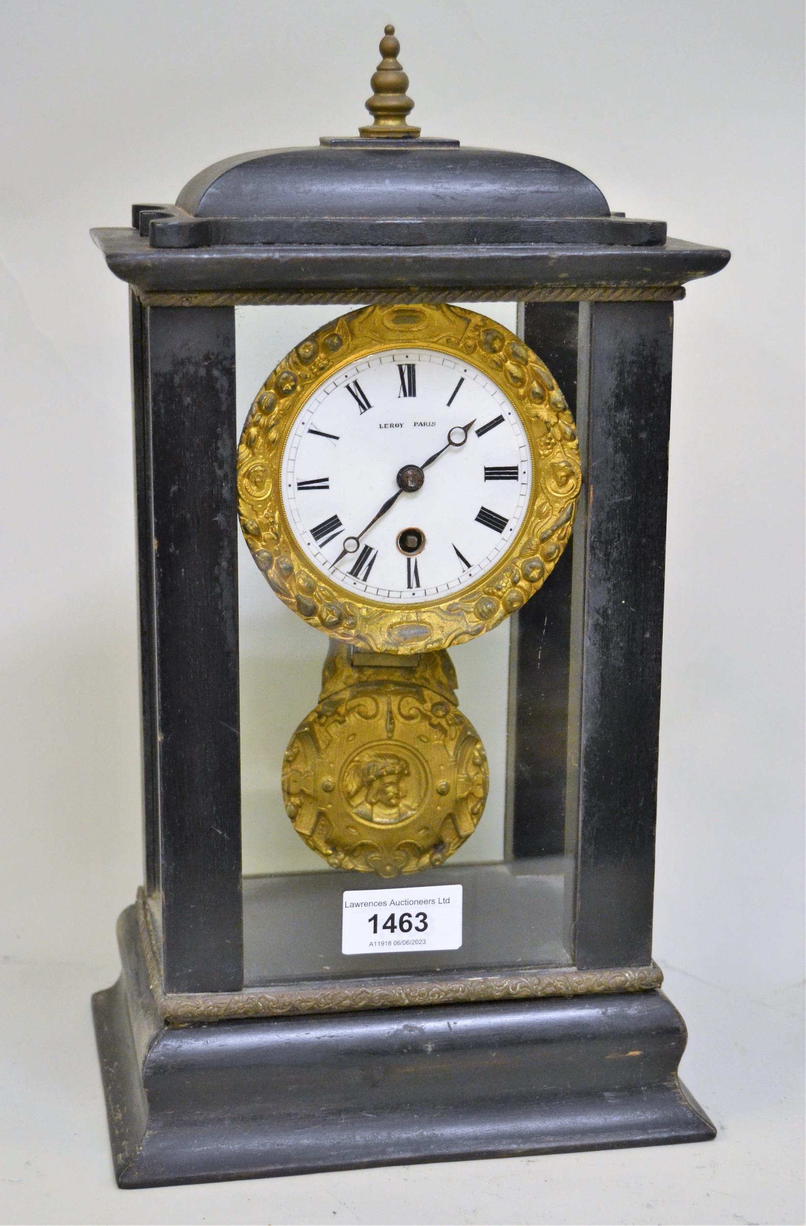 19th Century French ebonised four glass mantel clock by Leroy, Paris, the enamel dial with Roman