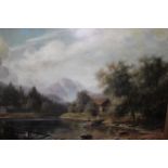 K. Adams, large 20th Century oil on canvas, lake scene with figure in a punt with distant