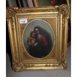 Antique oil on copper panel, portrait of the Madonna and Child, 22cms x 17cms, oval mounted gilt