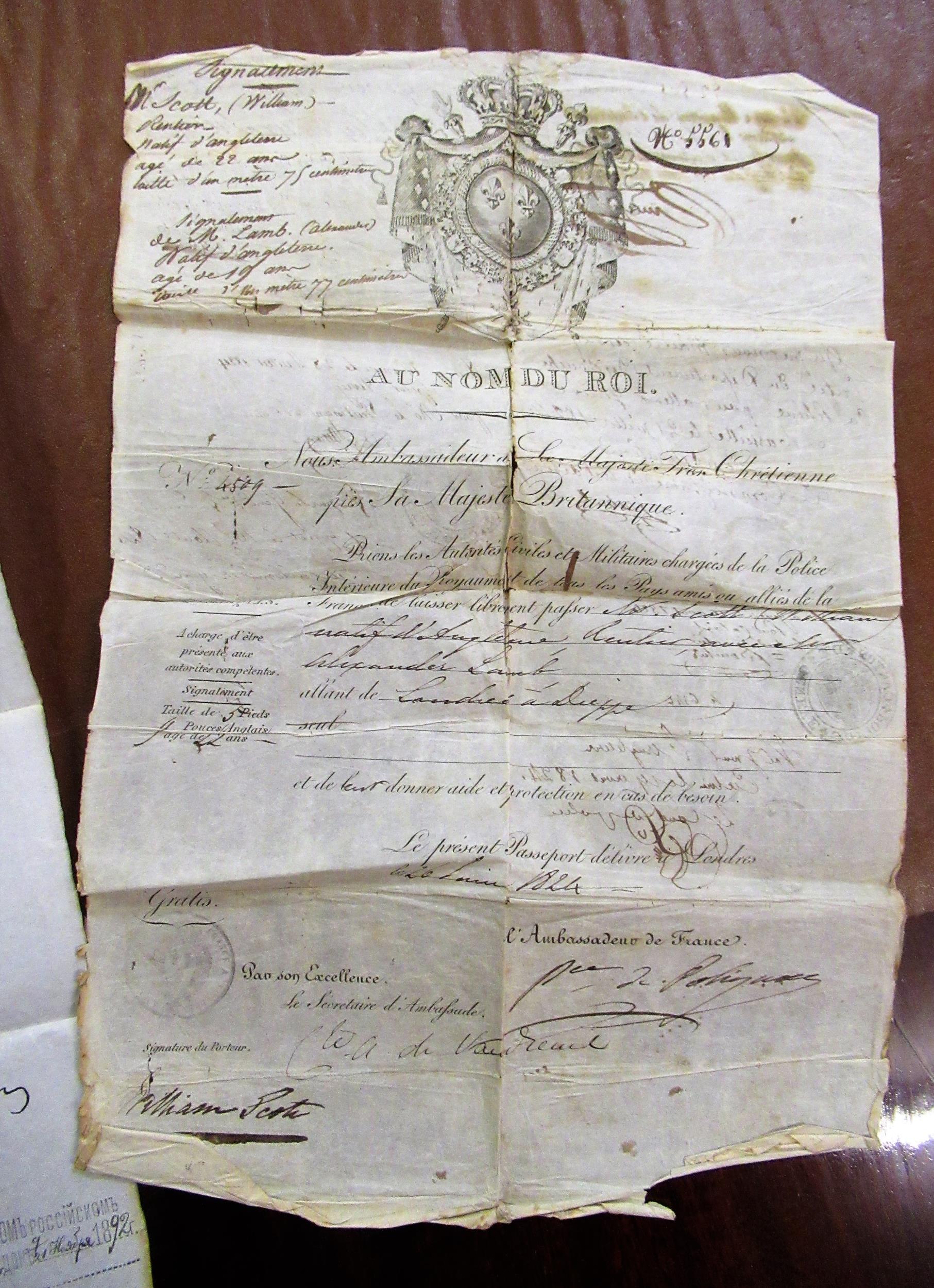 19th Century passport issued to Robert Henry Dudley Scott, signed by Henry John Viscount - Image 2 of 9