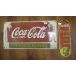 Enamel advertising sign, ' Coca-Cola Fountain Service ', 35.5cms x 68.5cms, together with another,