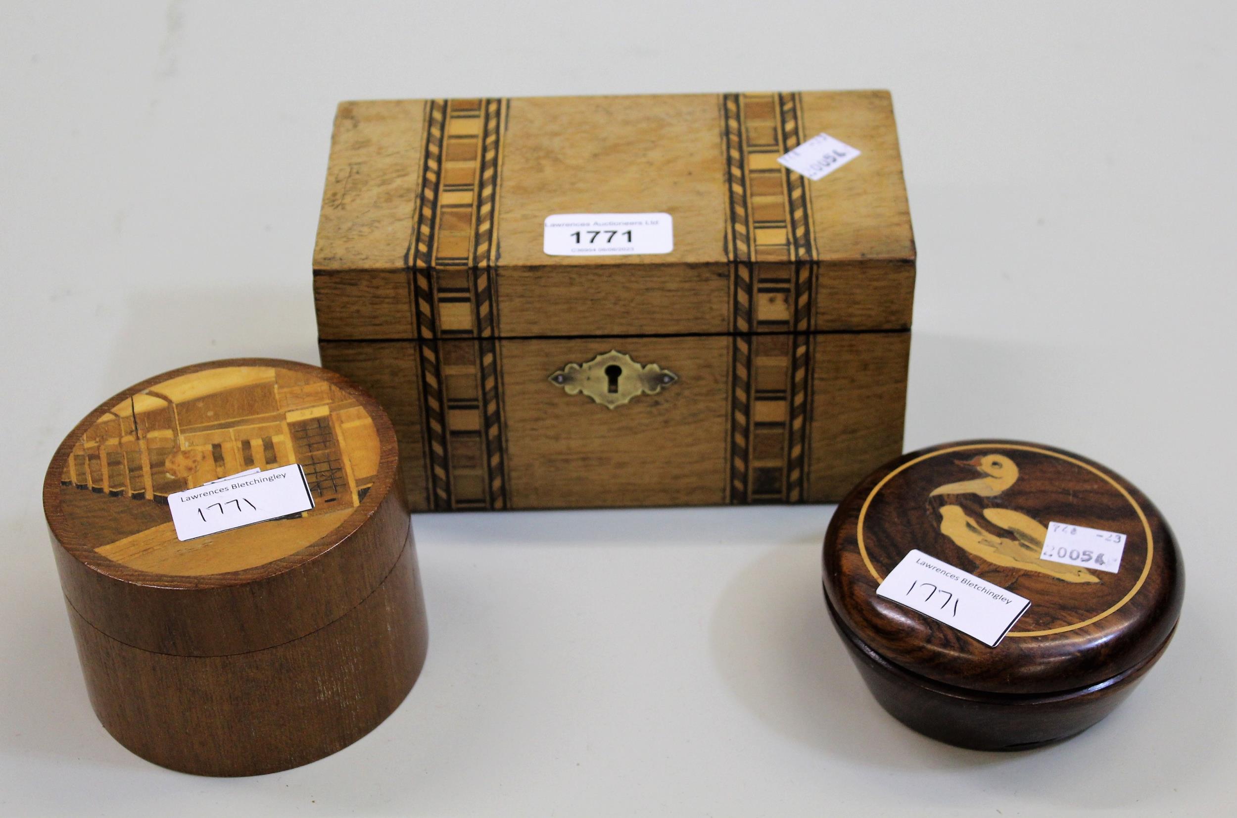 Small 19th Century walnut parquetry inlaid tea caddy, together with a 20th Century circular inlaid